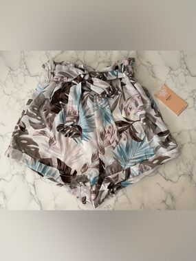 Tropical Print Paperbag Waist Women’s Shorts - Blue & Taupe